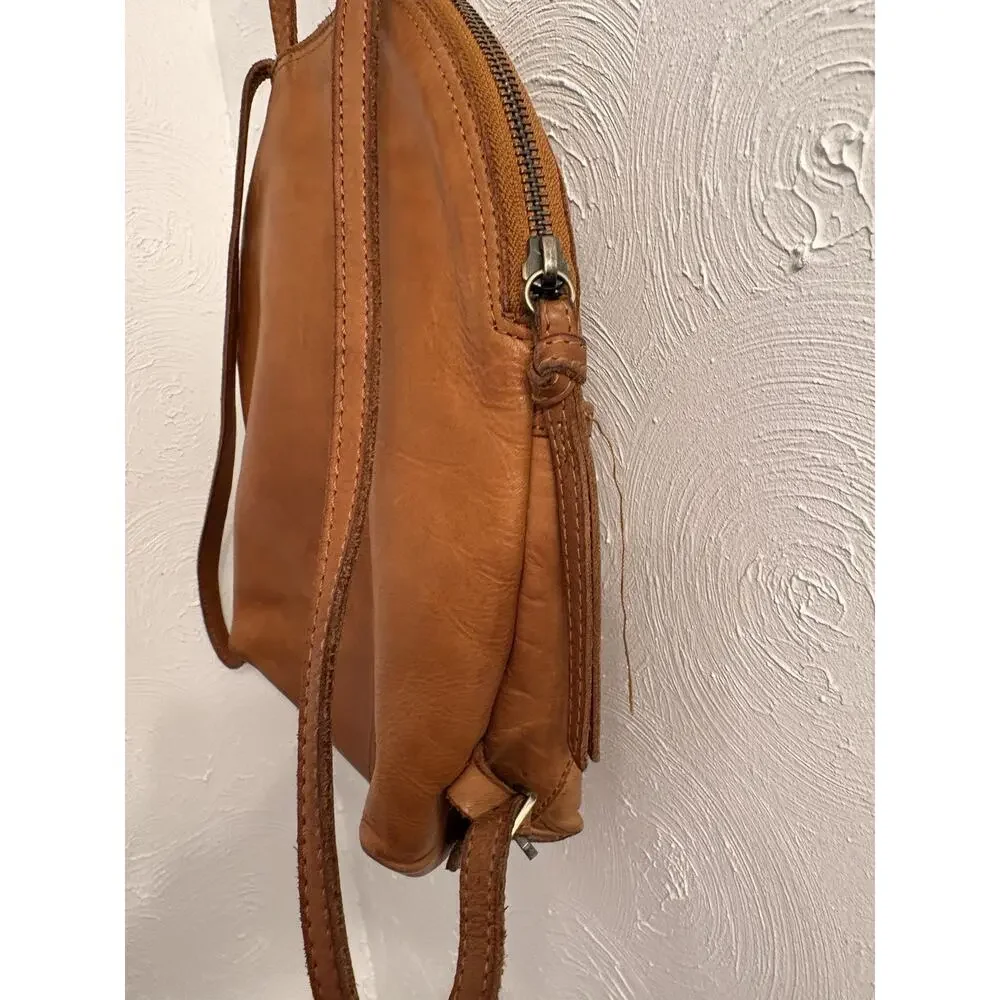 Margot New York Tan Leather Backpack Purse Chevron-Striped Front Pocket